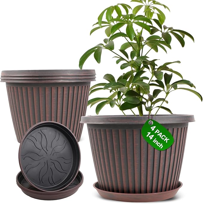 Large-Planter-Indoor-Outdoor Plant Pots, 14 inch 4 Pack Plastic Flower Pots by Myfeegoin