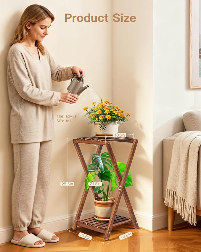 Tall Plant Stand Indoor, Wooden 2 Tier Plant Shelf - Image 2