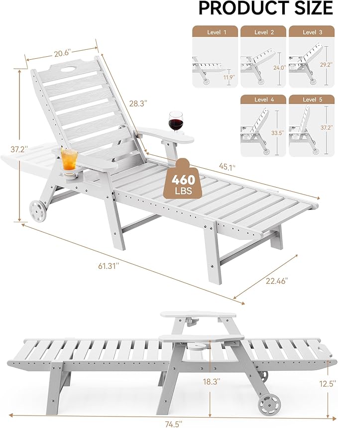 Carauci Lounge Chair Outdoor Set of 4, HDPE Chaise Lounge - Image 3
