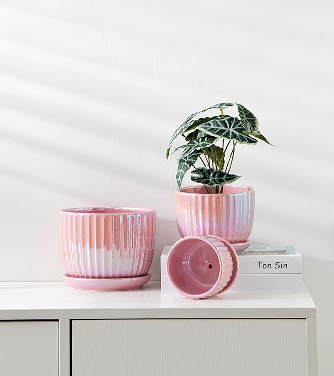 Ton Sin Pink Gold Ceramic Flower Pots, Modern Indoor Decorative Plant Pots Set - Image 7