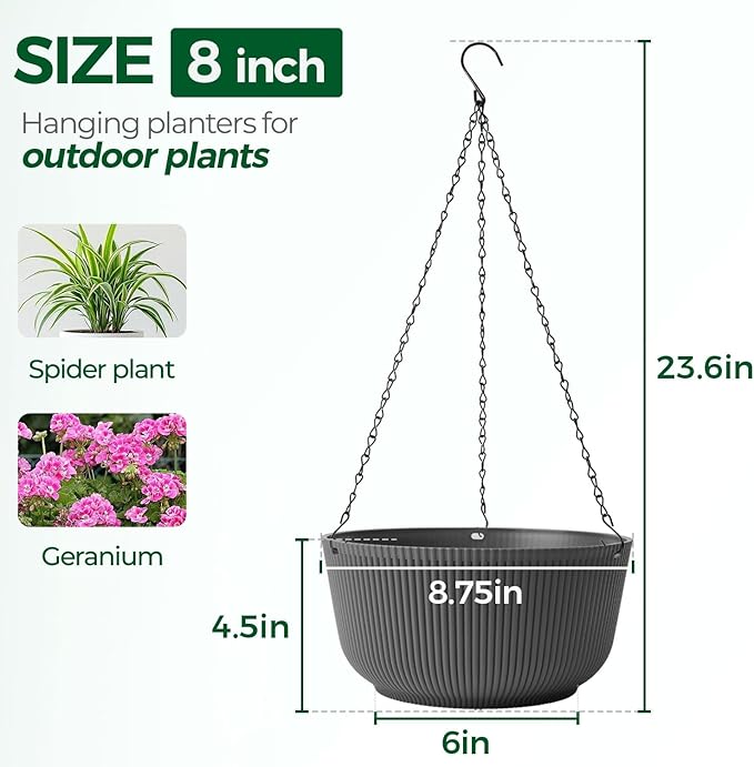 T4U 8 Inch Hanging Planters for Indoor Outdoor Plants, Self Watering Hanging - Image 2