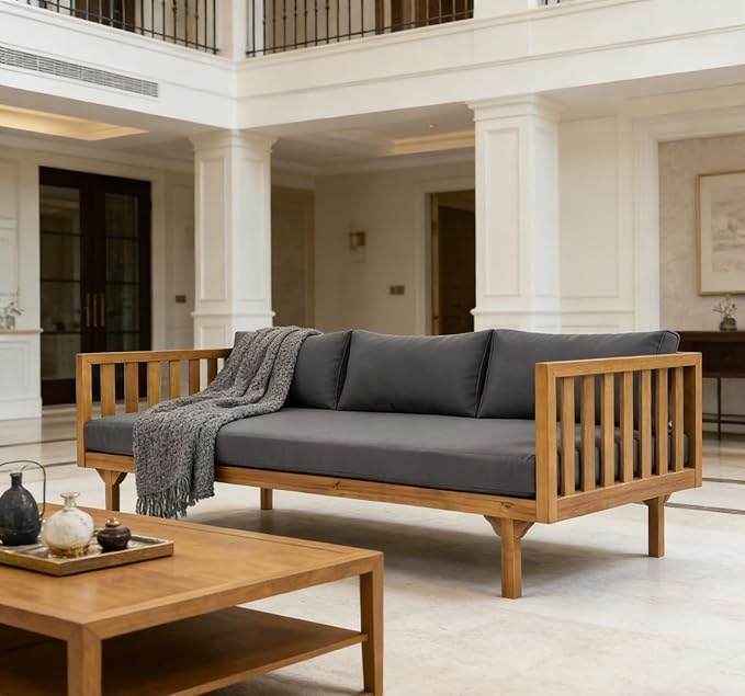 Merax Solid Acacia Wood Couch Chaise Lounge Chair Indoor, 3 Seater Daybed Sofa - Image 10