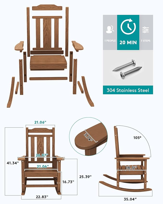 SERWALL Outdoor Rocking Chair Brown Set of 8, All Weather Patio Rocking Chair - Image 2