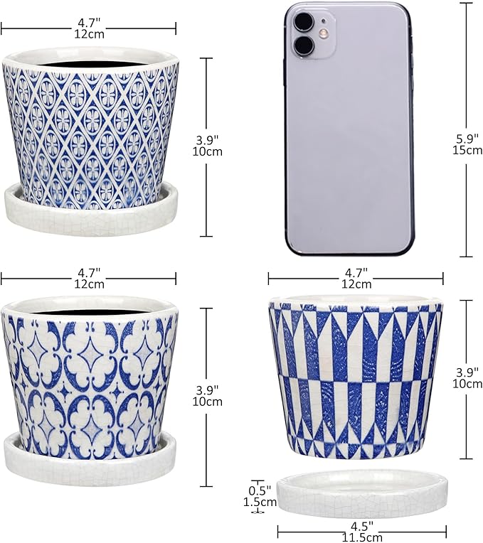 Small Ceramic Pots for Plants, 4.7 inch Blue and White Plant Pot Indoor - Image 3