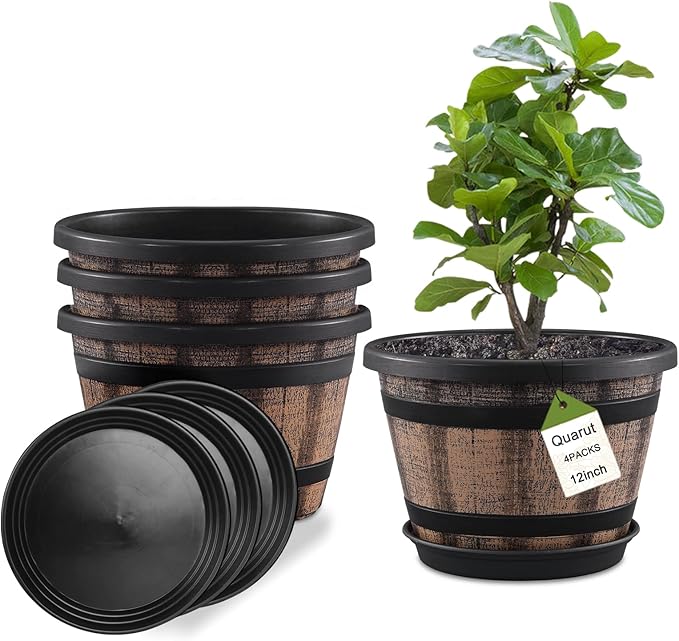 Quarut Plant Pots Set of 4 Pack 12 inch, Large Whiskey Barrel Planters by Quarut