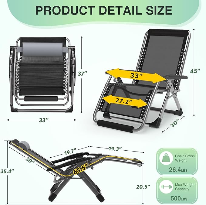 Suteck Oversized Zero Gravity Chair, 33In XXL Lounge Chair w/Removable - Image 2