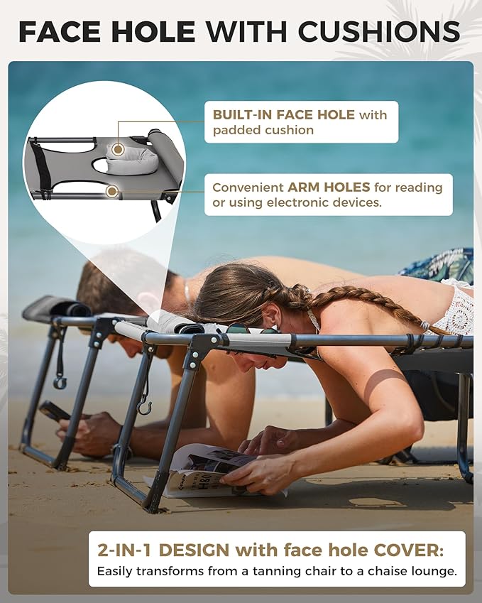 KingCamp Tanning Chair with Face Hole, Lounge Chairs Outdoor Folding Comfy - Image 3