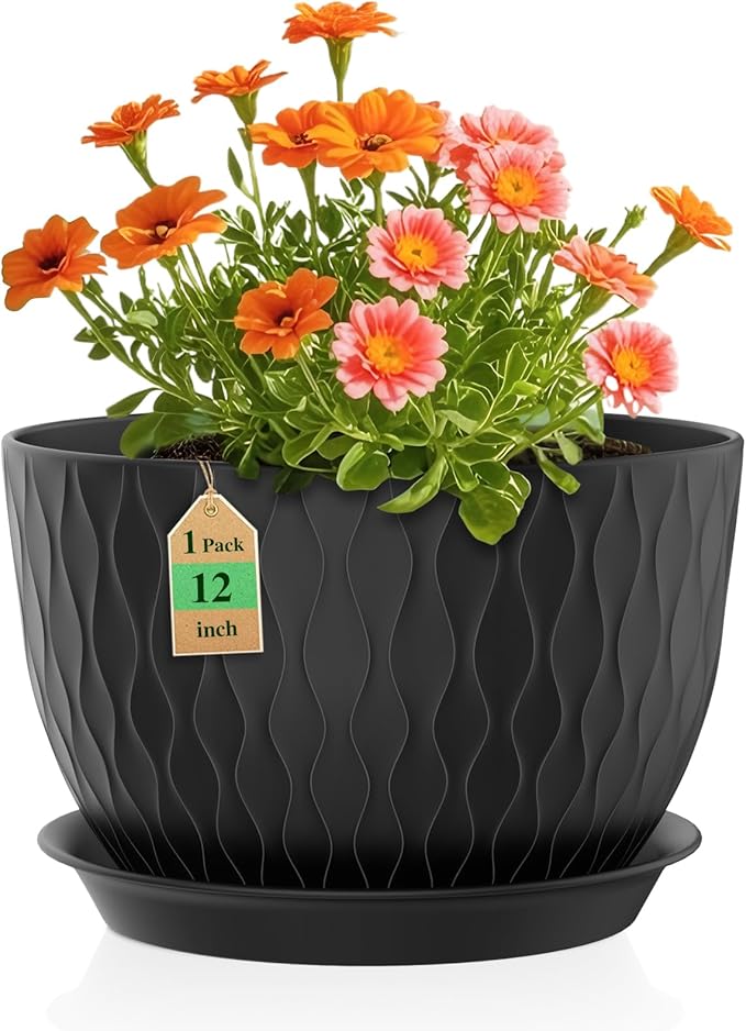 12 Inch Large Plant Pots for Indoor or Outdoor Plants, Wide Water Ripples by WSMKSZ