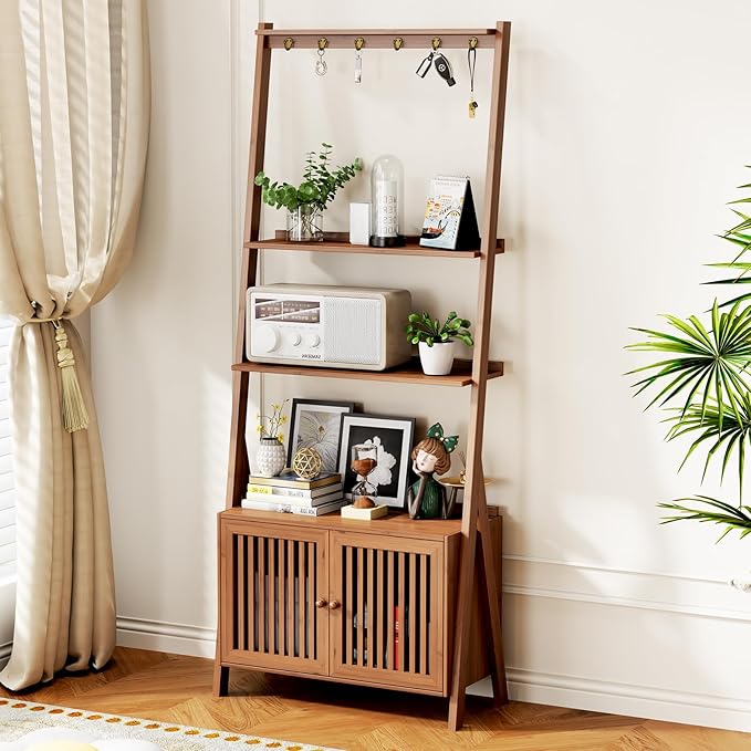 Bookcase with Drawers, 4-Tier Bamboo Bookshelf Ladder Shelf with 6 Hooks by OAKVIVOElegantLifestyle