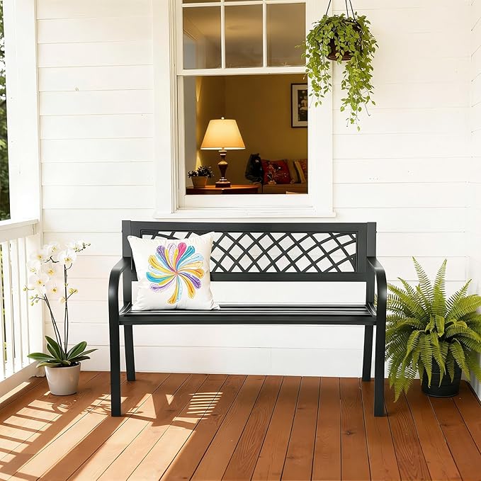 Garden Bench, Outdoor Benches, Iron Steel Frame Patio Bench - Image 2