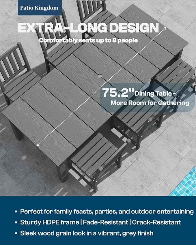 9-Piece Outdoor Dining Set for 8, 75.2'' HDPE Table - Image 2