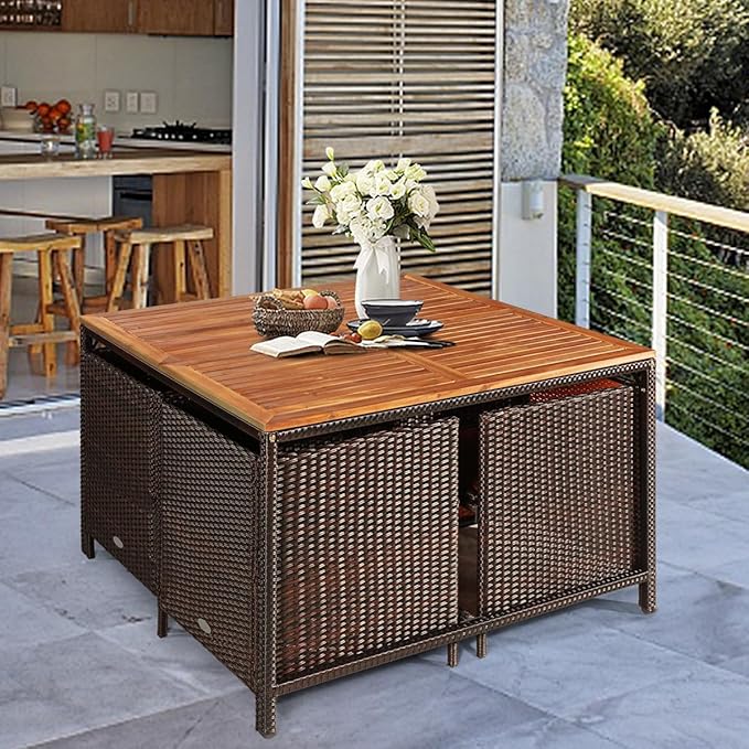 Tangkula 9 Pieces Patio Acacia Wood Table and Chairs Set - Image 7