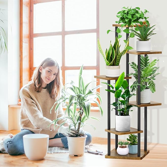 6 Tier Wood Tall Plant Stand Metal Rack Indoor, Planter Shelf Display Rack - Image 6