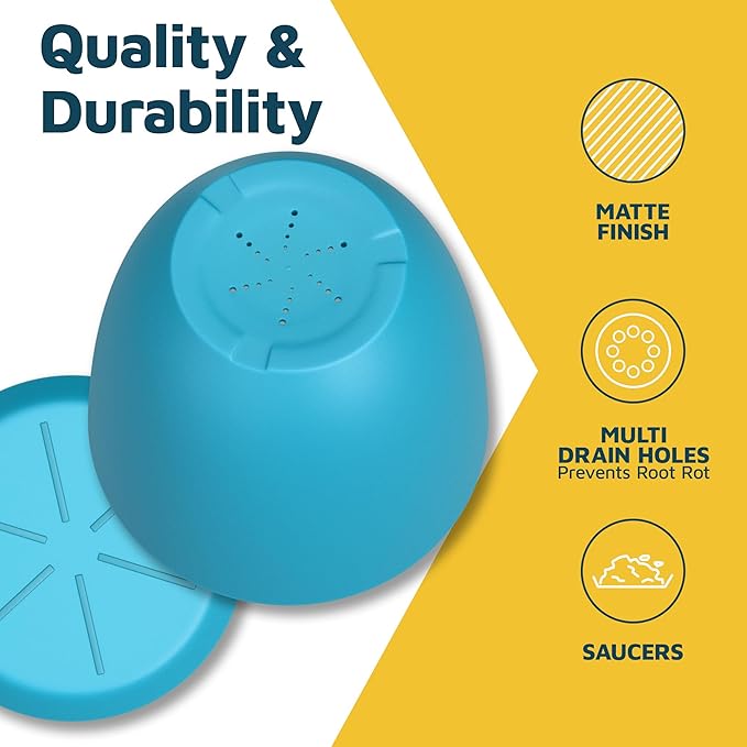 Blue Plant Pots with Drainage Holes & Saucers 5 Pack, Indoor & Outdoor - Image 7