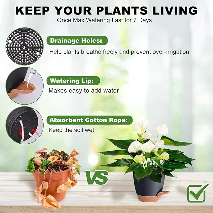 Plant Pots Pack of 5, 7/6.5/6/5.5/5 Inch Self Watering Planters - Image 2