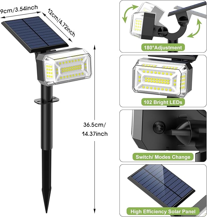 102 LED Solar Spot Lights Outdoor Waterproof IP65, Adjustable Landscape - Image 7