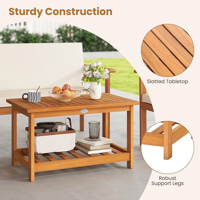 Tangkula Outdoor Acacia Wood Coffee Table, Patio 29.5” Rectangle Slatted 2 Tier - Image 7