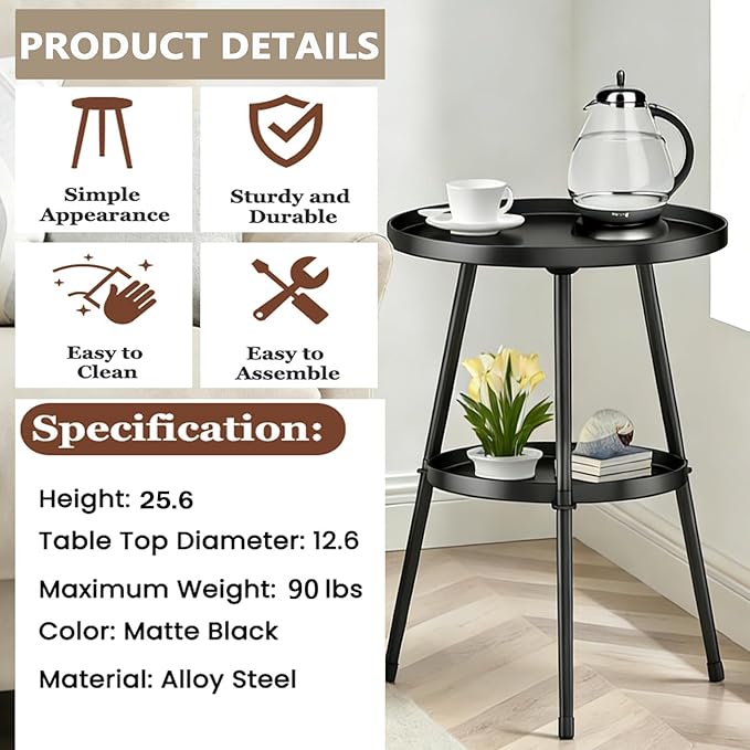Side Table 2-Tier Small Round End Table Metal Black Accent Table - Image 7