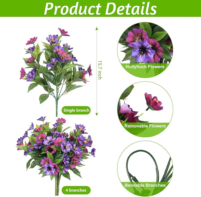 Fake Artificial Flowers for Outdoors Decoration, 4 Bundles Silk Faux Spring - Image 2