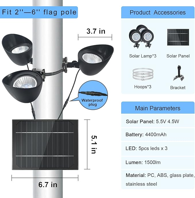 Solar Flag Pole Light 3 Super-Spotlights LEDs, Adjustable Metal Clamps Fits - Image 6