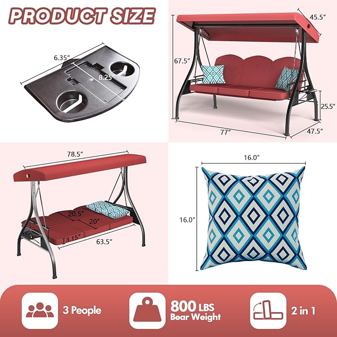 3 Seat Outdoor Porch Patio Swing - Image 7