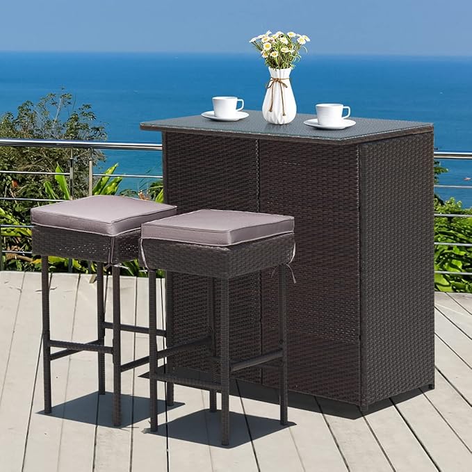 Tangkula Patio Bar Set, 3 Piece Outdoor Rattan Wicker Bar Set - Image 4
