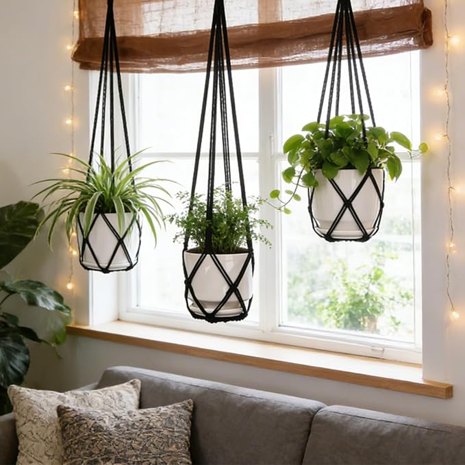 YIBOT 3 Pack Black Macrame Plant Hanger Indoor Hanging Planter Basket - Image 6