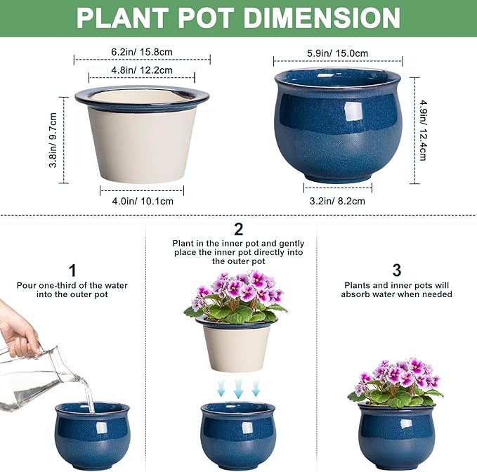 African Violet Pots, 6 Inch Ceramic Easy Self Watering Pots - Image 2