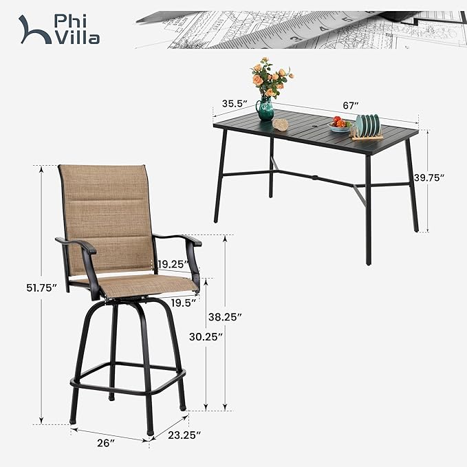 PHI VILLA 7 Piece Patio Bar Dining Set, Bar Height Outdoor Table and Chairs - Image 9