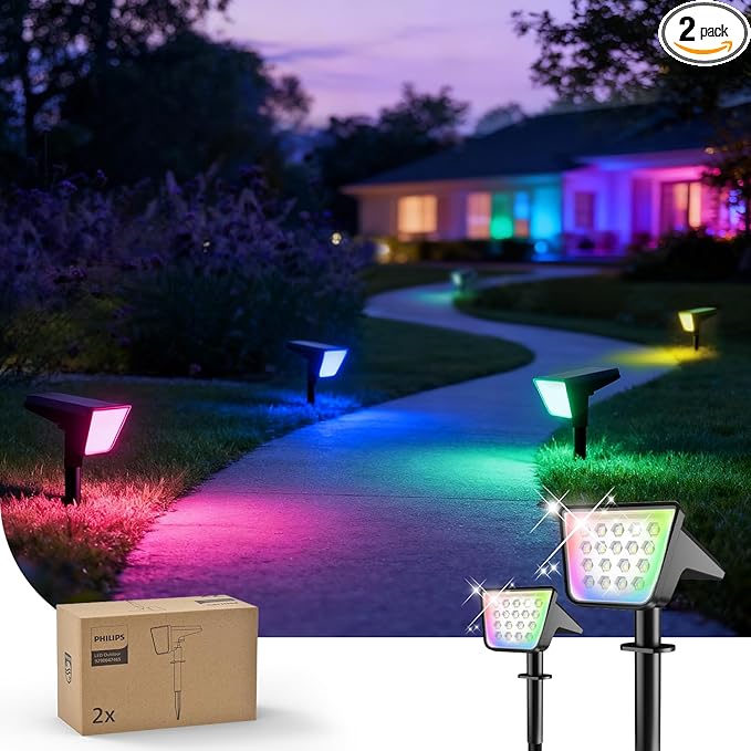 Philips 2 Packs Solar RGBW Spot Lights Outdoor, 18 LED Solar Powered Landscape by PhilipsLightingLED