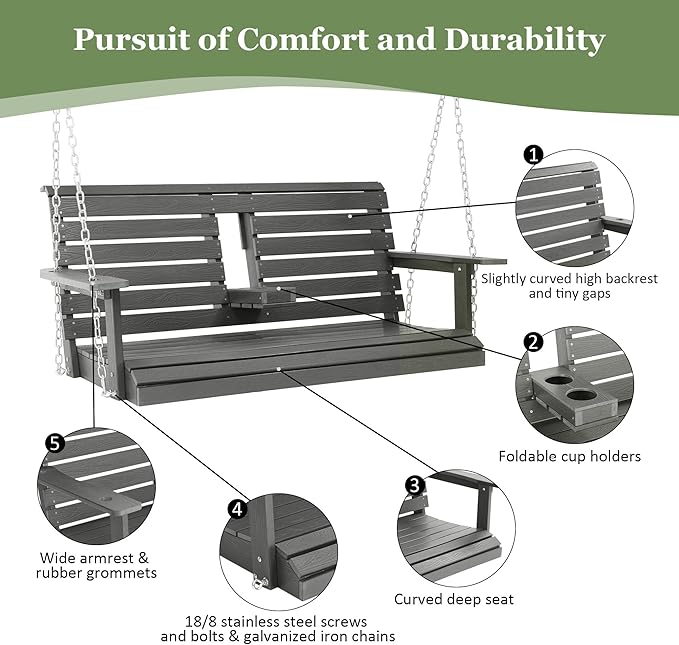 Poly Lumber 2-Seat Porch Swing, HIPS 4.5-Feet Bench Swing - Image 5