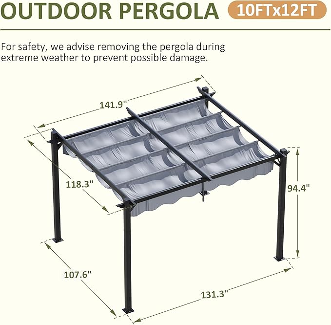 10'x12' Outdoor Pergola with Retractable Canopy, Patio Metal Heavy-Duty Gazebo - Image 2