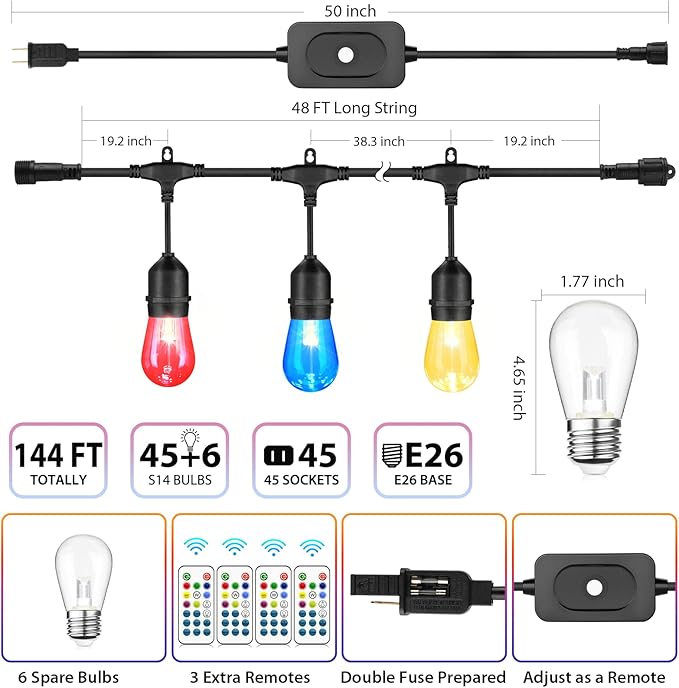 Mlambert 144Ft Multicolor Outdoor Patio Lights, Dimmable RGB Cafe String Lights - Image 2
