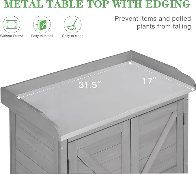 Outdoor Potting Bench with Storage Cabinet and Metal Top, Wood Workstation - Image 3