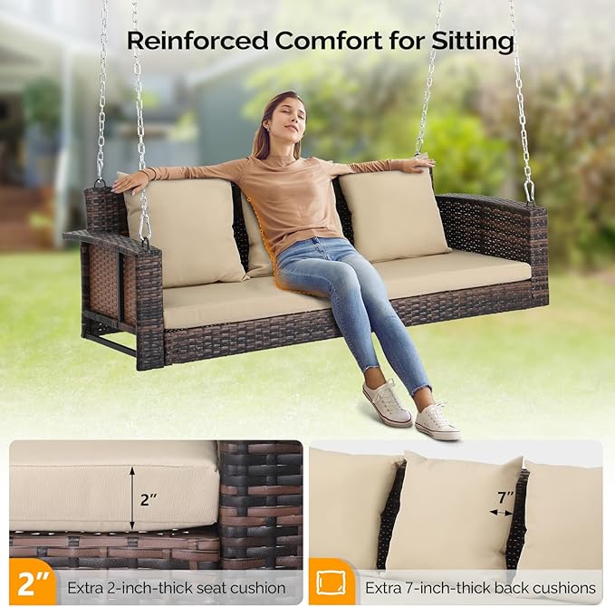 VINGLI Heavy Duty 800 LBS Wicker Hanging Porch Swing - Image 2