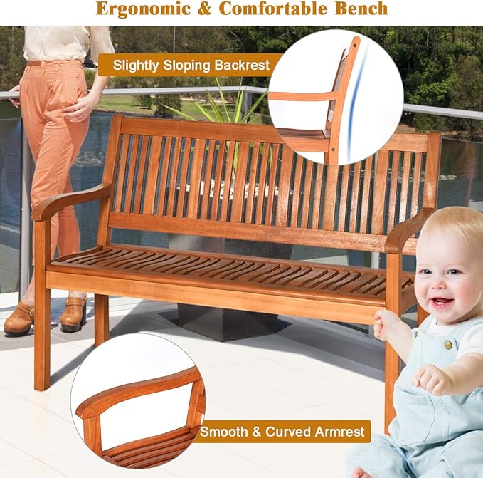 Tangkula Outdoor Wood Garden Bench, Curved Armrest, Large Wooden Loveseat Bench - Image 8