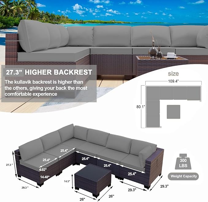 Kullavik 7 Pieces Outdoor Patio Furniture Set PE Wicker Rattan Sectional Sofa - Image 6