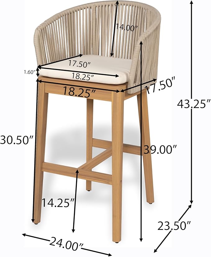Christopher Knight Home Zax Set of 2 Patio Barstool, Acacia Wood & Rope Outdoor - Image 2
