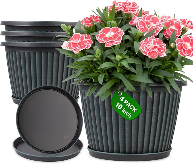 Planter-Pots-for-Plants-Indoor-Outdoor, 4 Pack 10 Inch Plastic Flower Pots by Myfeegoin