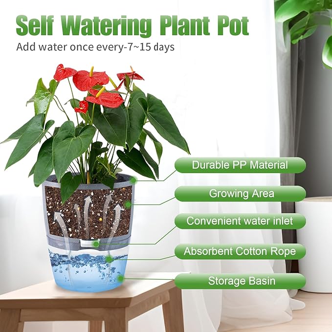 6 Inch Self Watering Pots for Indoor Plants, 6 Pack Grey Plastic Flower Pots - Image 3