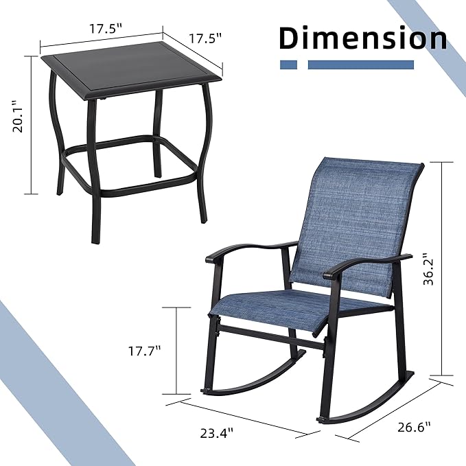 Vongrasig 3 Piece Outdoor Rocking Bistro Set, Textilene Fabric Small Patio - Image 6
