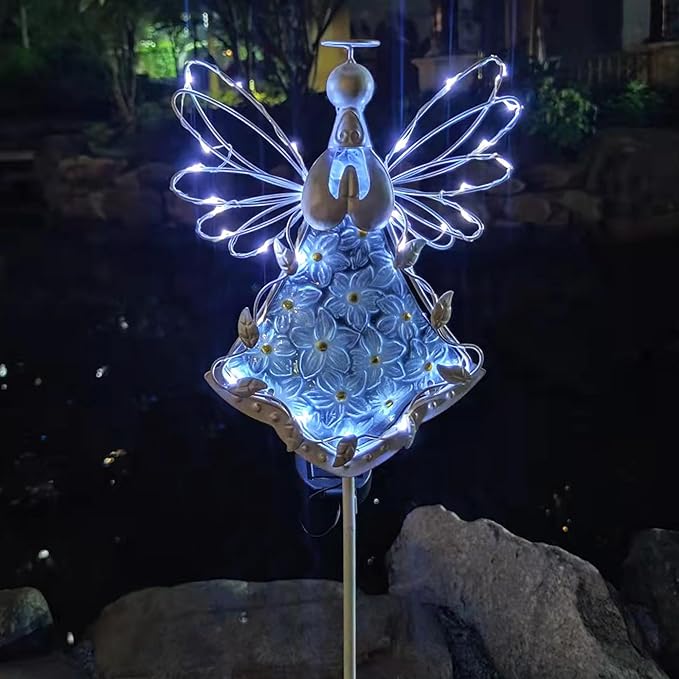 38Inch Angel Solar Lights Outdoor Decorative-Metal&Glass Angel Hydrangea Flower - Image 4