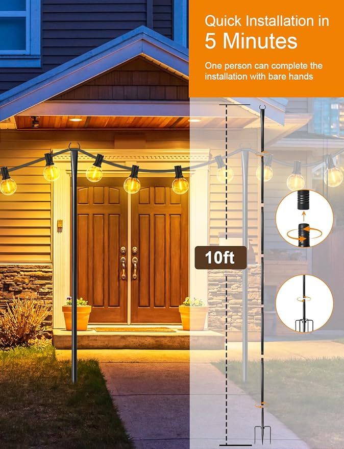 2 Pack String Light Poles for Outside, Thickened Metal Lights Hanger Pole - Image 6