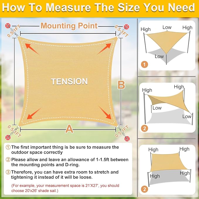 KANAGAWA Sun Shade Sail Curved 24'X24' Sand Rectangle Outdoor Shade Cover UV - Image 2