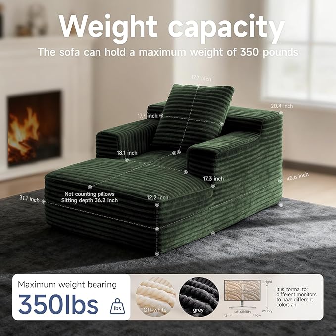 45'' Chaise Lounge Chair Indoor, Corduroy Upholstered Boneless Sofa Bed - Image 2