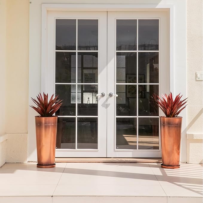 28in Tall Copper Planters Set of 2, Galvanized Steel Tall Outdoor Planter - Image 3