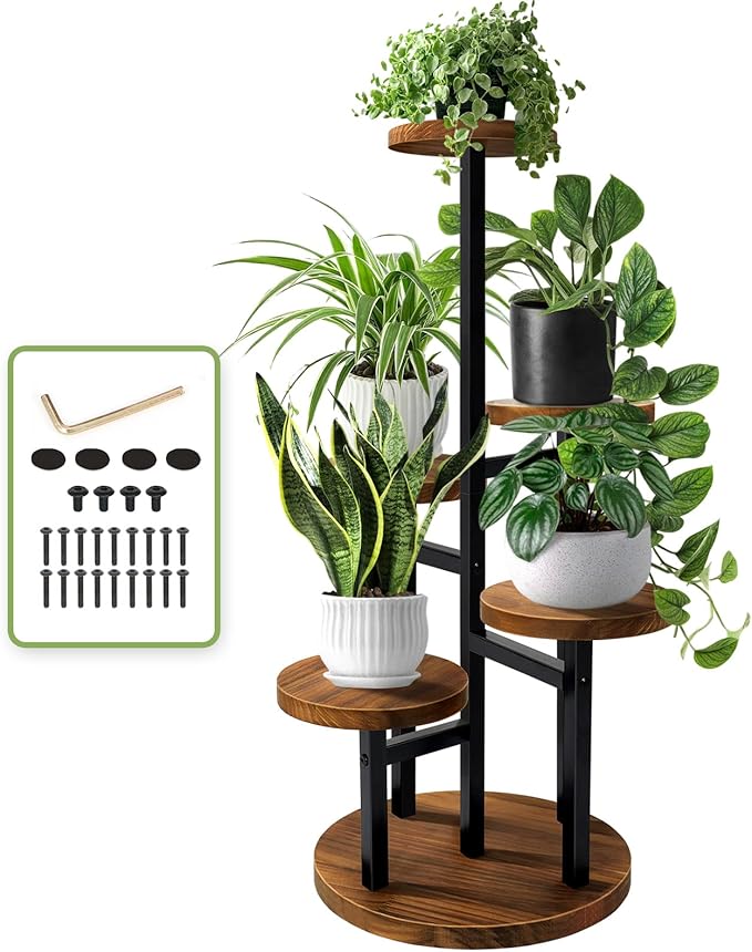AUGOSTA 5 Tier Plant Stand, Tall Metal Wood Shelf Holder by AUGOSTA
