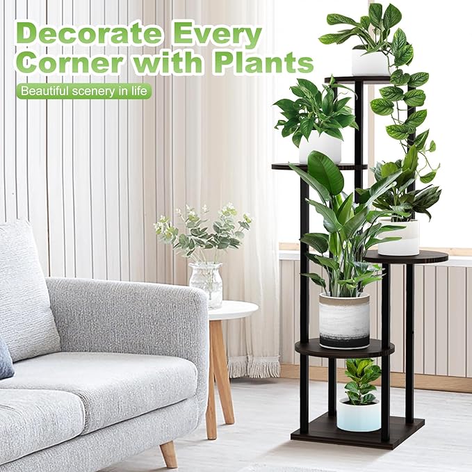 5 Tier Wood Tall Plant Stand Metal Rack Indoor, Round Planter Shelf Display - Image 6
