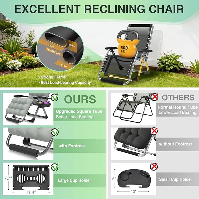 Suteck Oversized Zero Gravity Chair, 29In XL Lounge Chair w/Removable - Image 5
