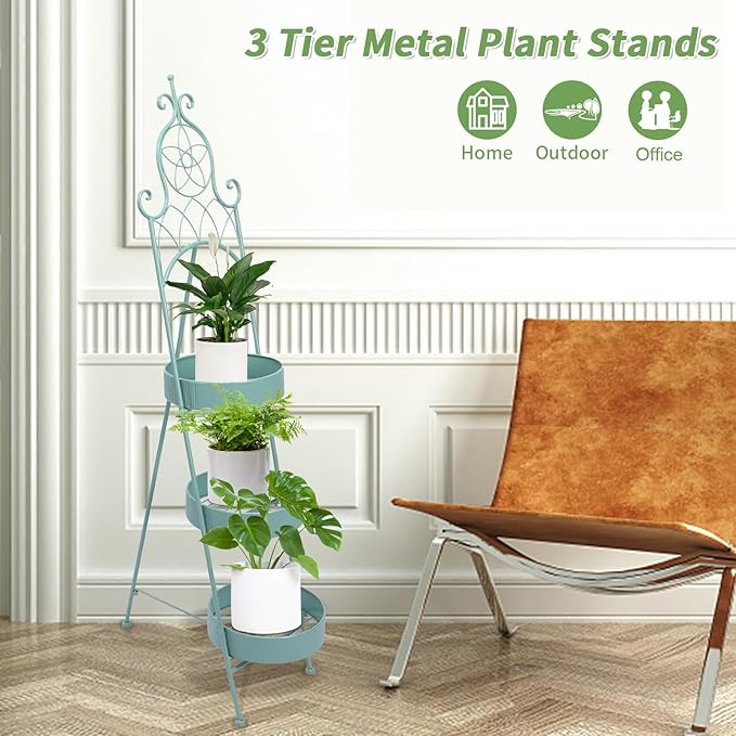 Plant Stands Indoor 3 Tie Green Metal Corner Shelf Plant Pot Holder Planters - Image 4